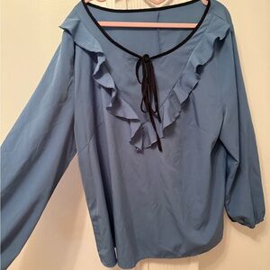 SHEIN Blue Ruffled Tie Front 3/4 Sleeve Blouse